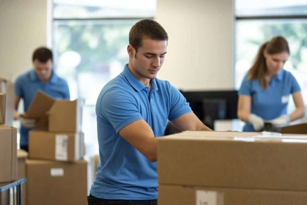 Professional packers in an office sealing boxes in the concept of 'benefits of hiring professional packers for office removals to Dulwich'.