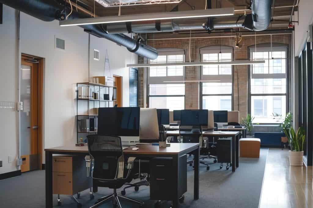 An office with large windows complete with computers set up after the move